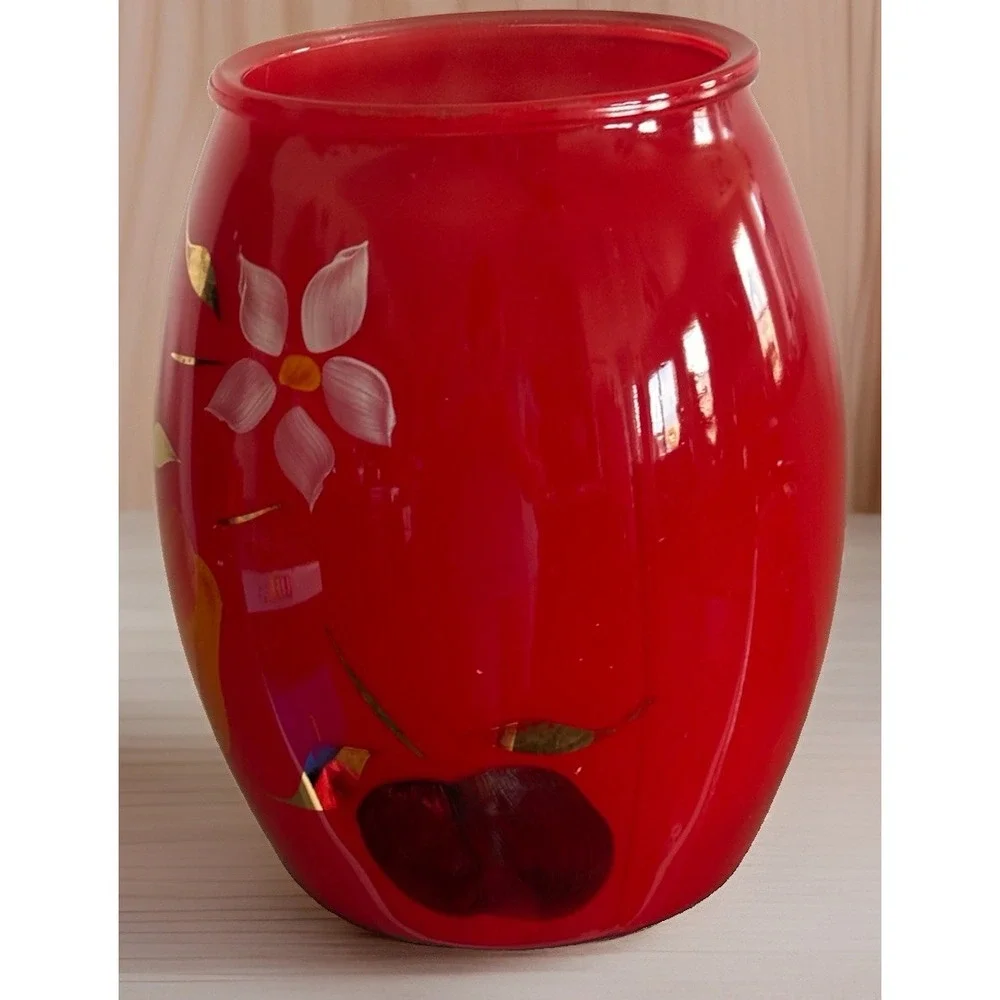 Vtg Bartlett Collins Red Hand Painted Cookie Jar wPear Apple Fruit Flower No Lid